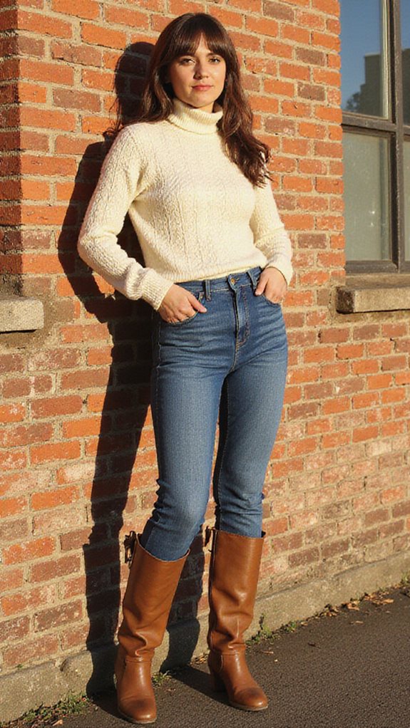 turtleneck knee high boots jeans
