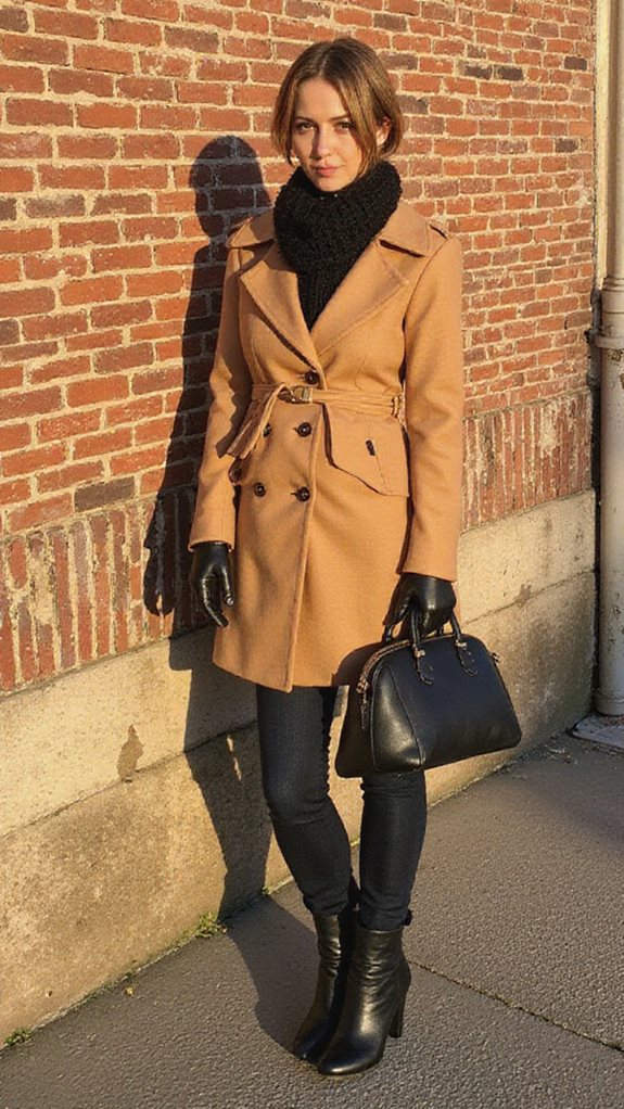 camel coat black accessories
