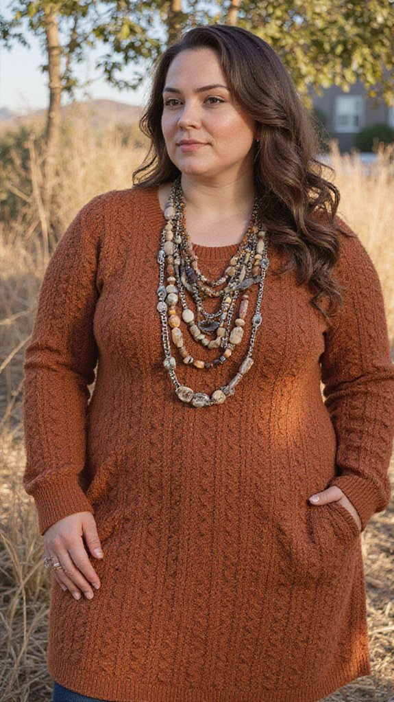 cinnamon dress with layered necklaces