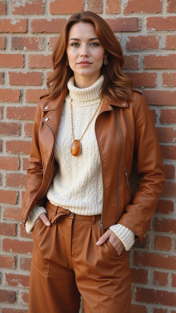 cognac jacket with earth tones