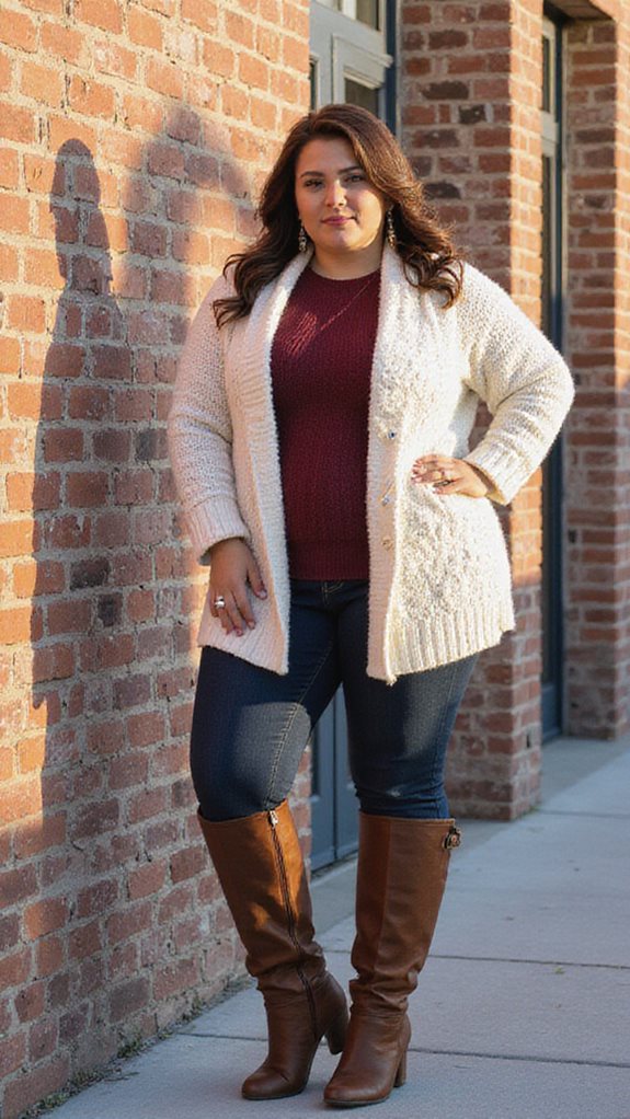 cozy cardigan fitted jeans boots