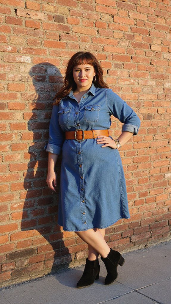 denim dress statement belt ankle boots