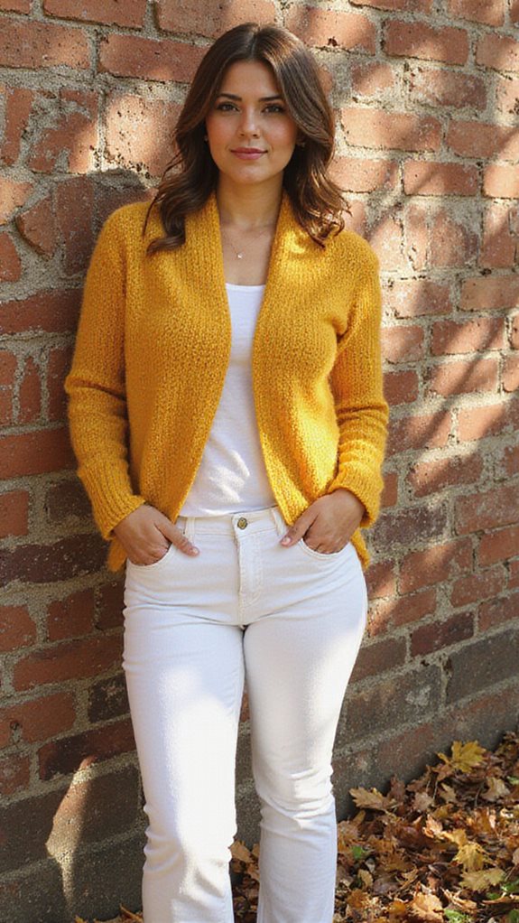 golden cardigan white jeans