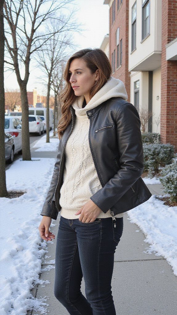 layered leather and hoodie