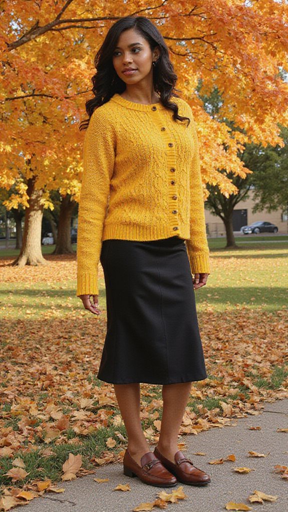 mustard cardigan black skirt