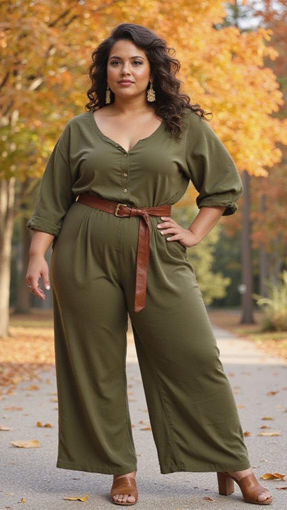 olive jumpsuit with brown belt
