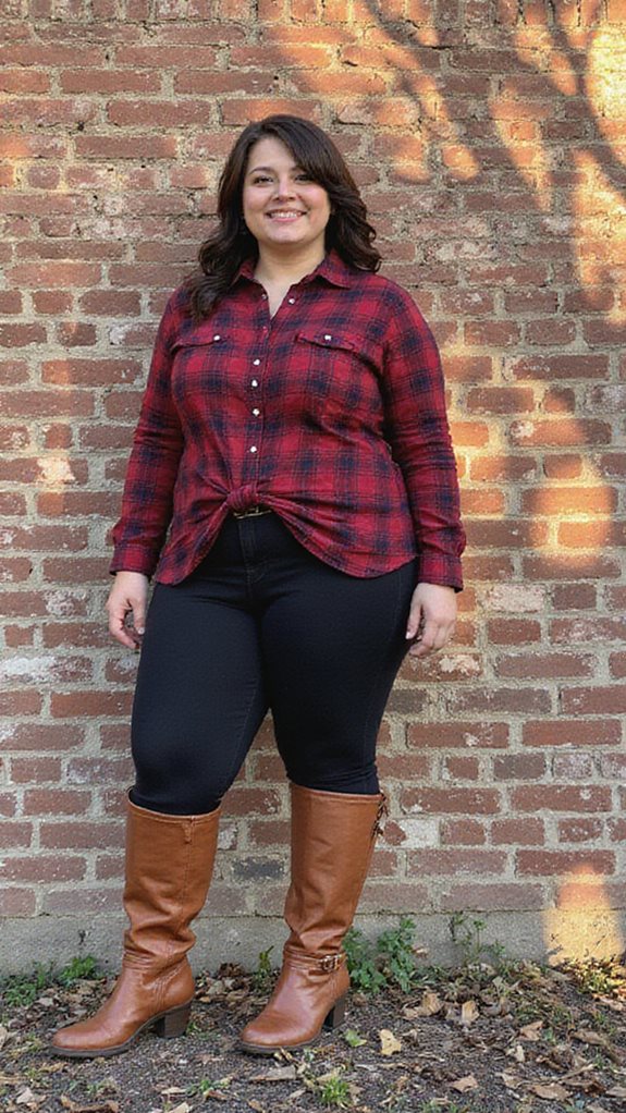 plaid shirt black leggings boots