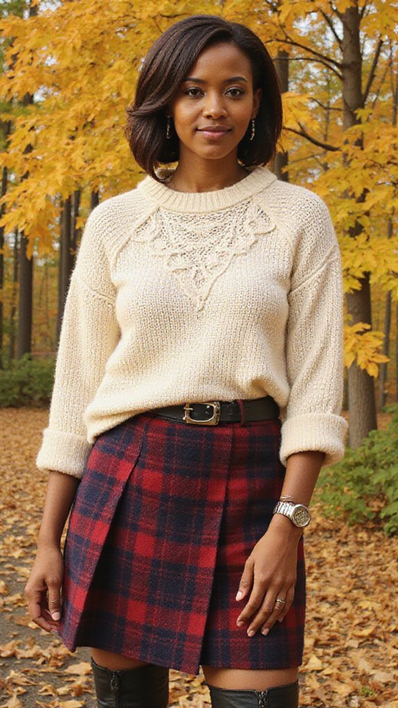 plaid skirt cream sweater combat boots