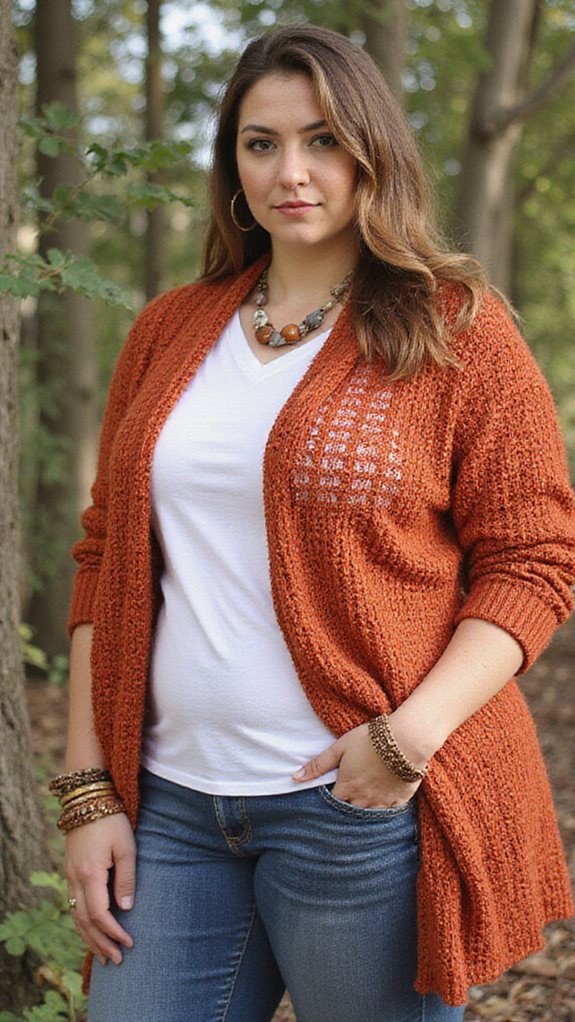 rust cardigan white tee