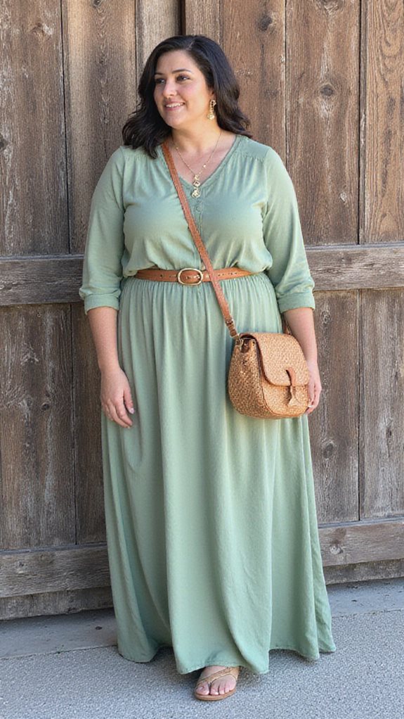 sage green dress tan accessories