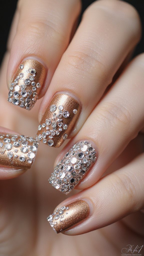 luxurious gold rhinestone nail art