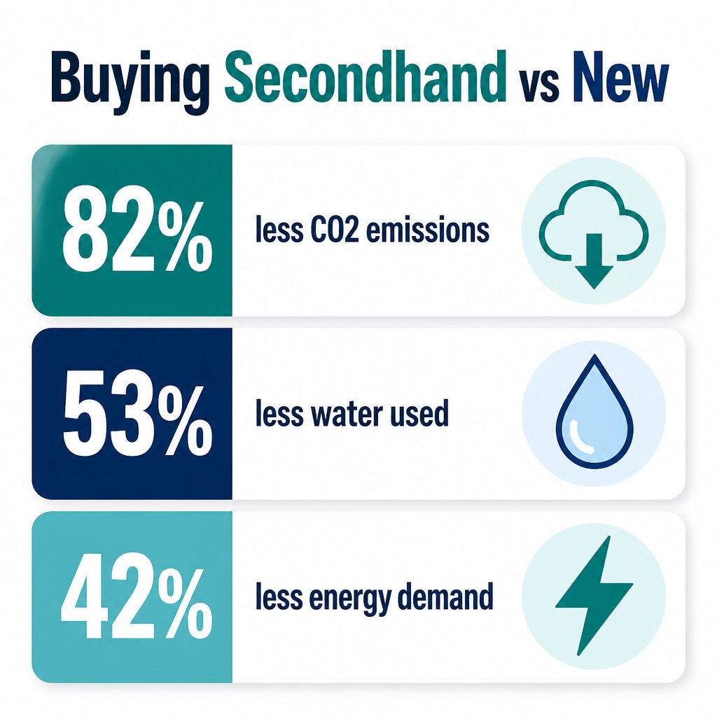 Infographic comparing environmental impact of buying secondhand vs new: 82% less CO2 emissions, 53% less water used, 42% less energy demand