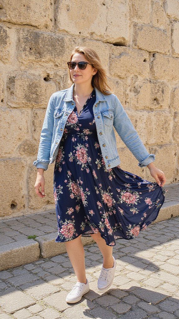 chic sundress denim jacket sneakers