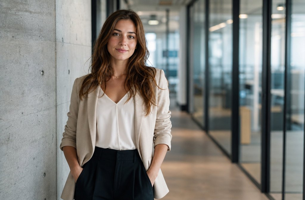 Confident young professional standing in a modern office hallway