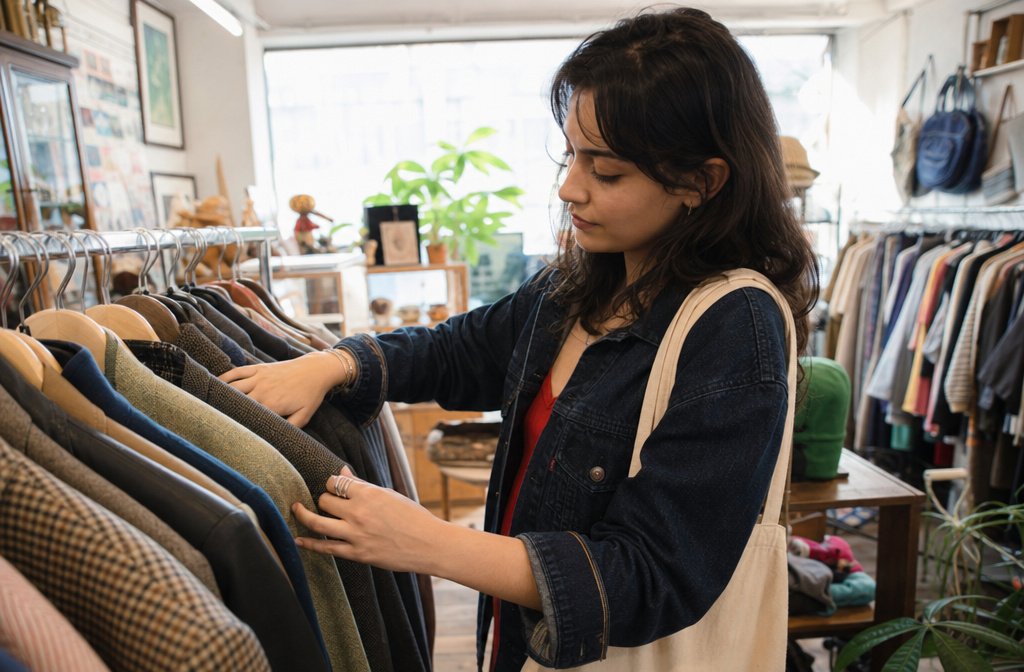Young woman browsing secondhand blazers on a thrift store clothing rack