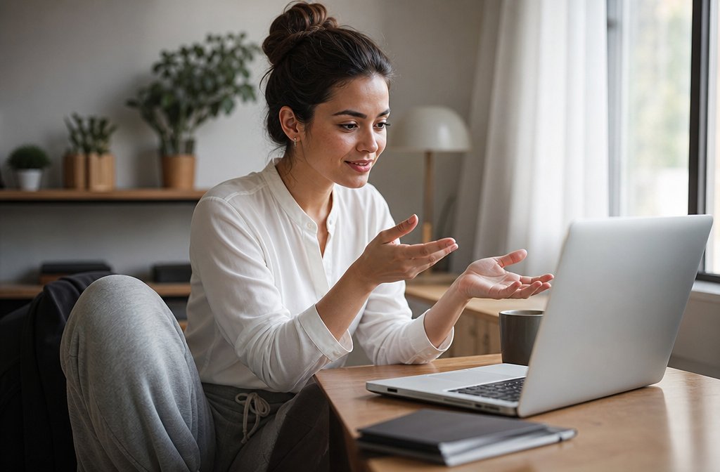 Young professional in a polished blouse and joggers on a video call at a home desk