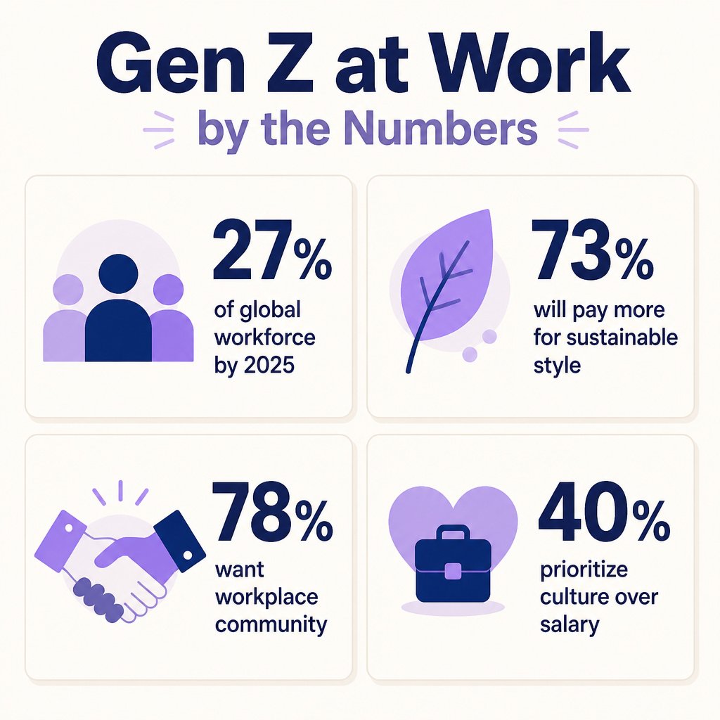 Infographic showing Gen Z workplace stats: 27% of global workforce by 2025, 73% will pay more for sustainable style, 78% want workplace community, 40% prioritize culture over salary