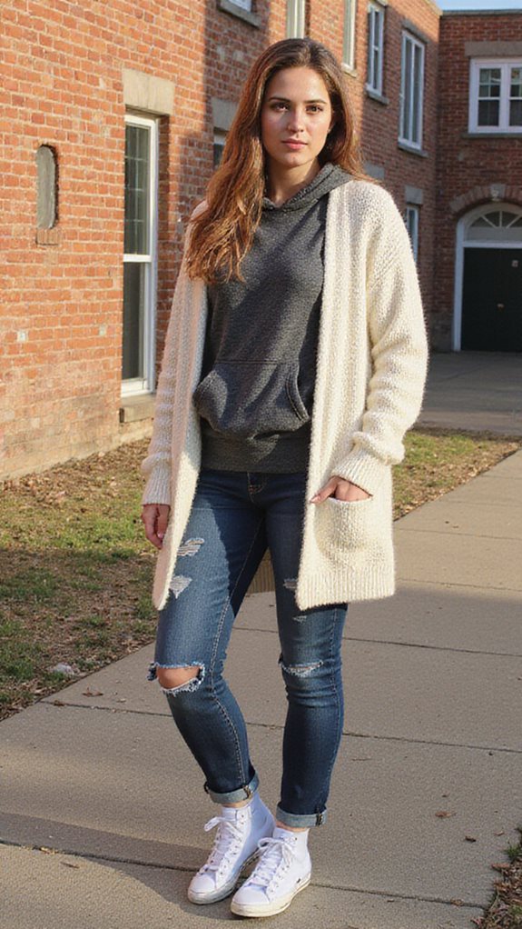 layered hoodies distressed jeans high tops