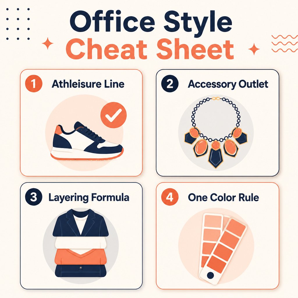 Office style cheat sheet infographic: athleisure line, accessory outlet, layering formula, one color rule