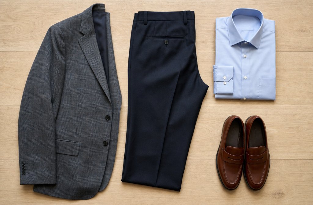Flat lay of a tailored blazer, trousers, button-down shirt, and leather loafers