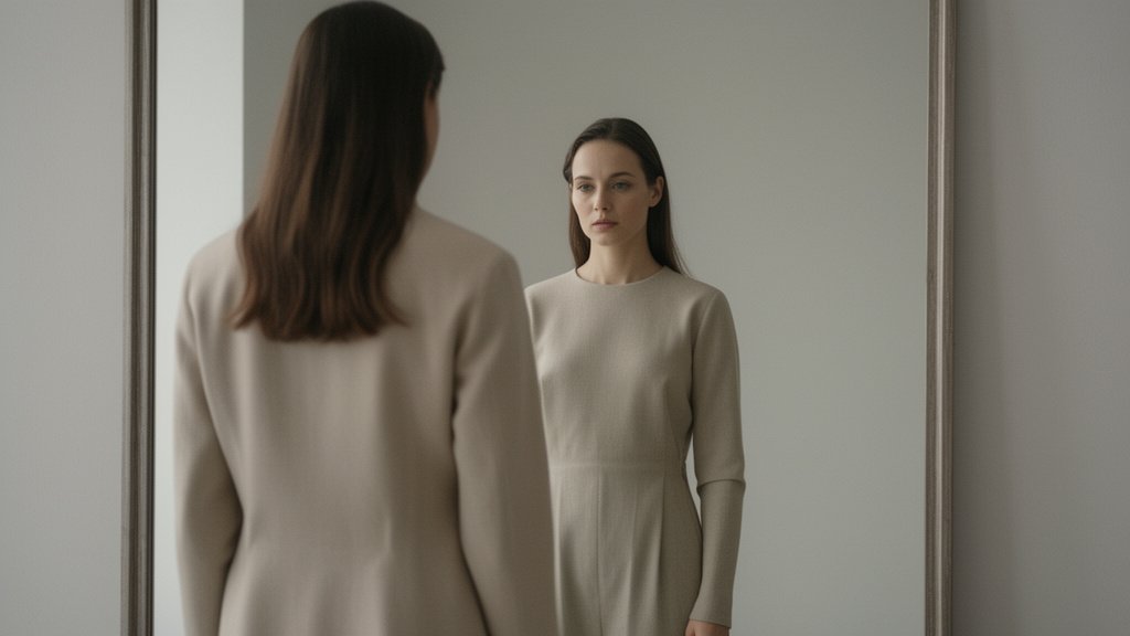 person in minimalist neutral outfit reflecting on quiet luxury and exclusivity