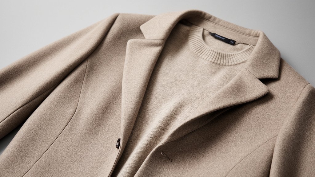 well tailored neutral wool coat and cashmere sweater showing quality construction