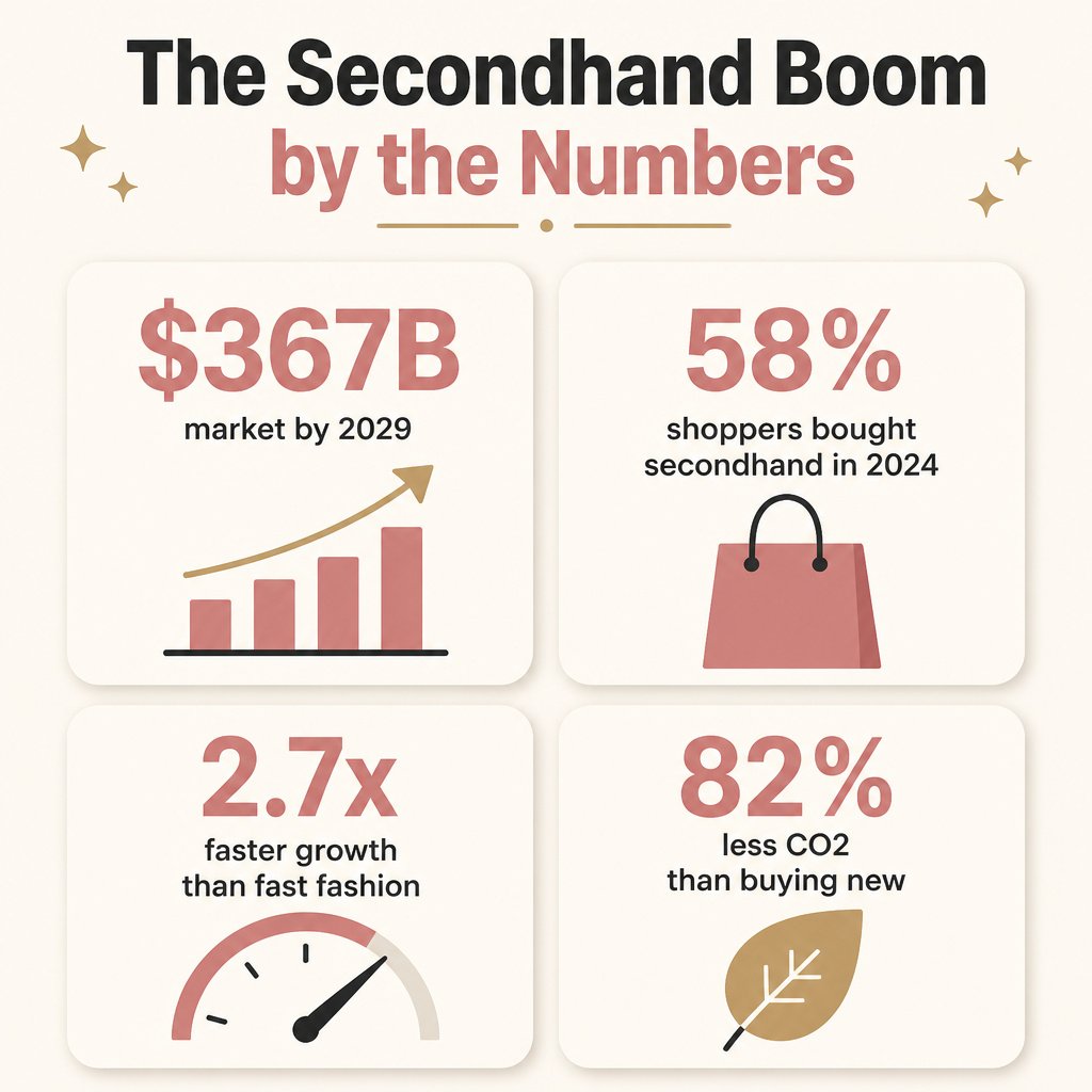 Infographic showing secondhand fashion market stats: $367 billion market by 2029, 58% of shoppers bought secondhand in 2024, 2.7x faster growth than fast fashion, 82% less CO2 than buying new