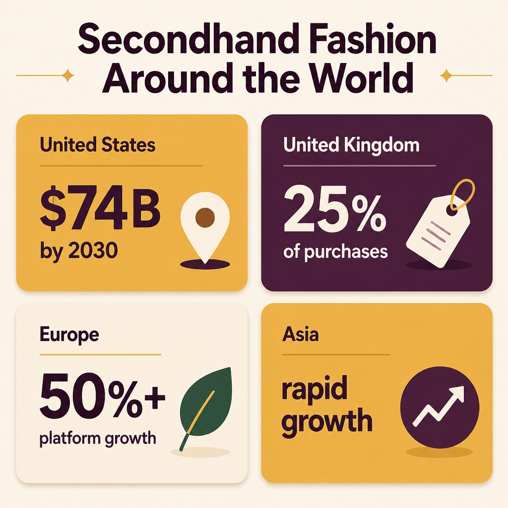 Infographic of secondhand fashion stats by region: United States $74 billion by 2030, United Kingdom 25% of purchases, Europe 50%+ platform growth, Asia rapid growth