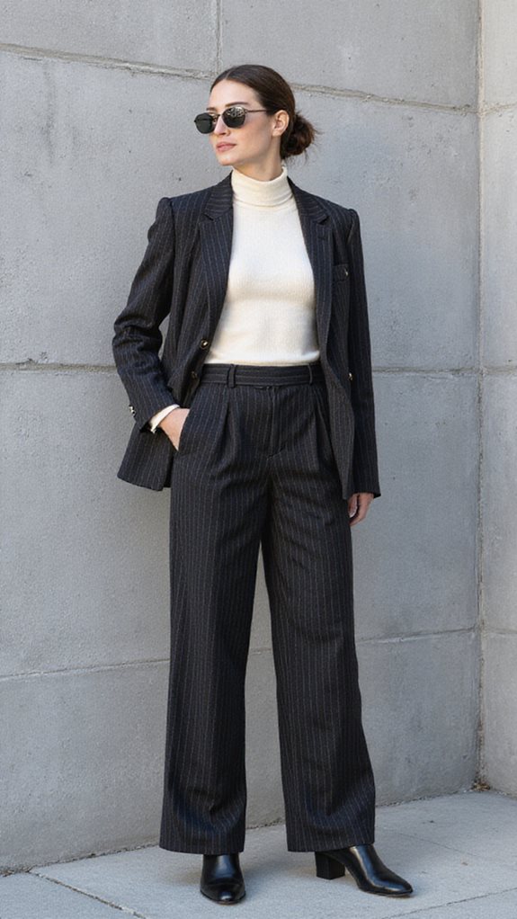 sophisticated turtleneck pinstripe ensemble