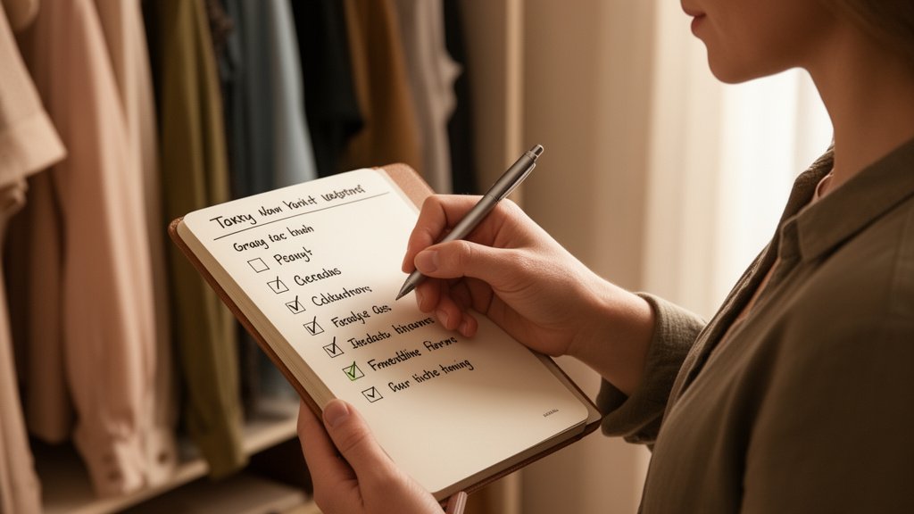 writing a wardrobe action plan checklist next to an organized closet