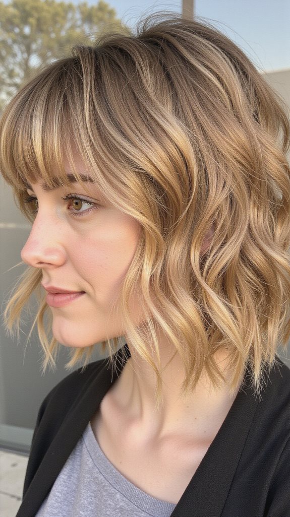 curtain bangs enhance wavy bob