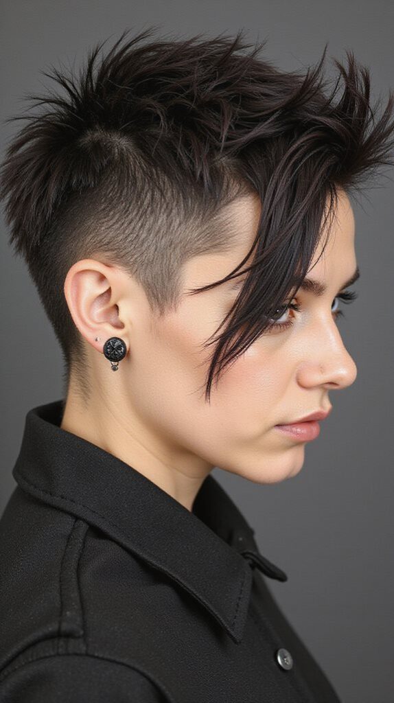 A woman with a rebellious punk pixie, featuring asymmetrical layers and bold color choices for maximum impact.