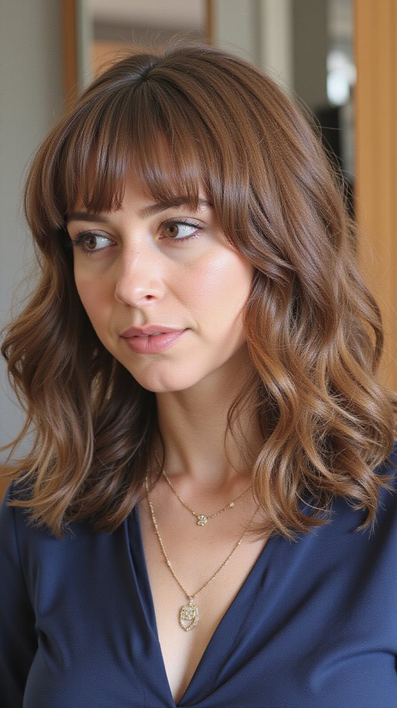 romantic shoulder length curtain bangs