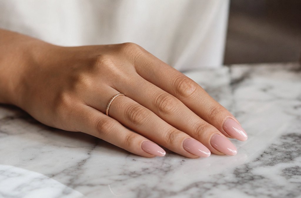 Woman's hand with almond-shaped nails in soft pink polish