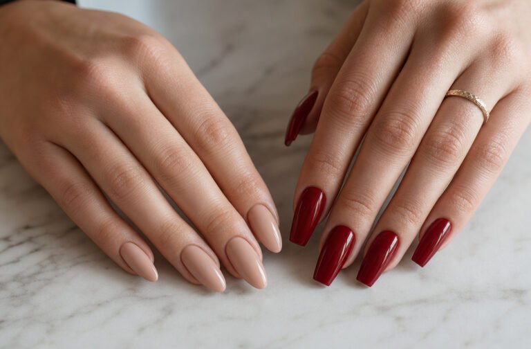 Two manicured hands side by side comparing almond and coffin nail shapes