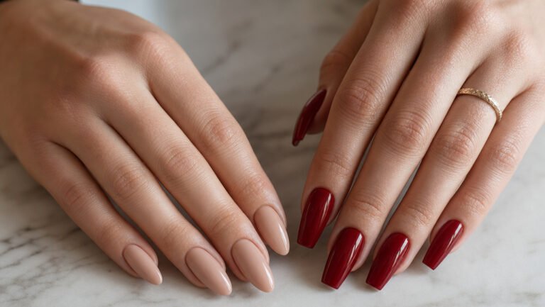 Two manicured hands side by side comparing almond and coffin nail shapes