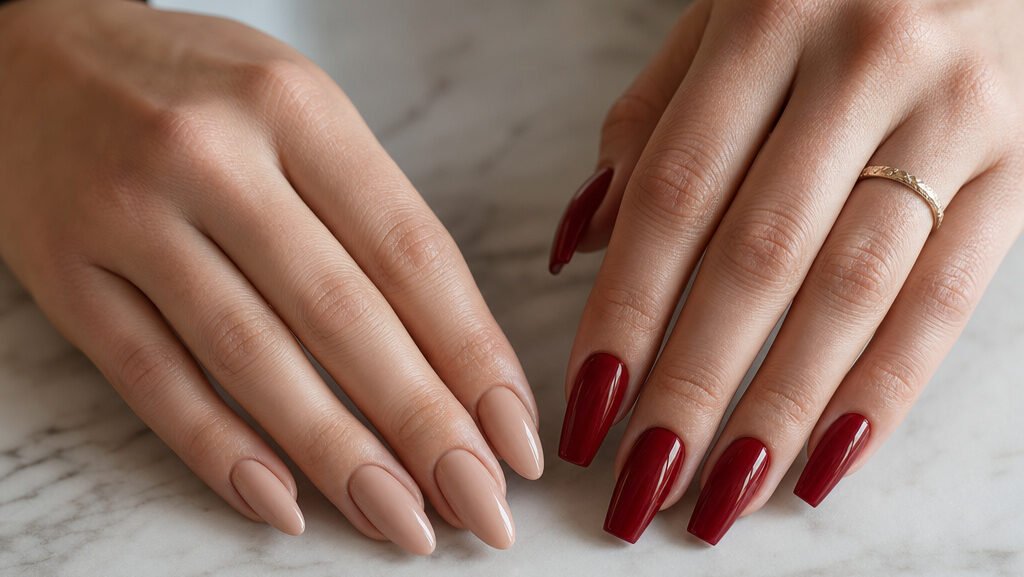 Two manicured hands side by side comparing almond and coffin nail shapes