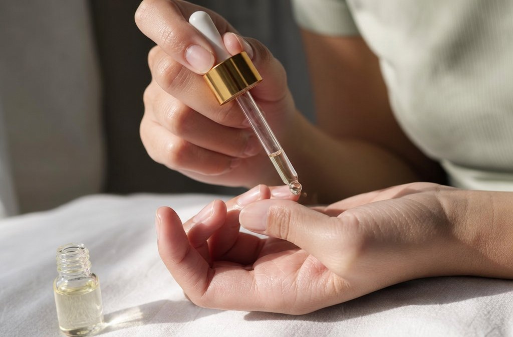 Woman applying cuticle oil with a dropper bottle to her fingernails