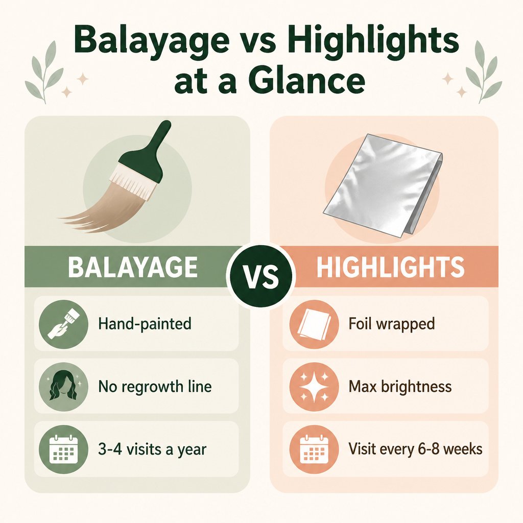 Infographic comparing balayage and highlights at a glance: hand-painted vs foil wrapped, no regrowth line vs max brightness, 3-4 visits a year vs every 6-8 weeks