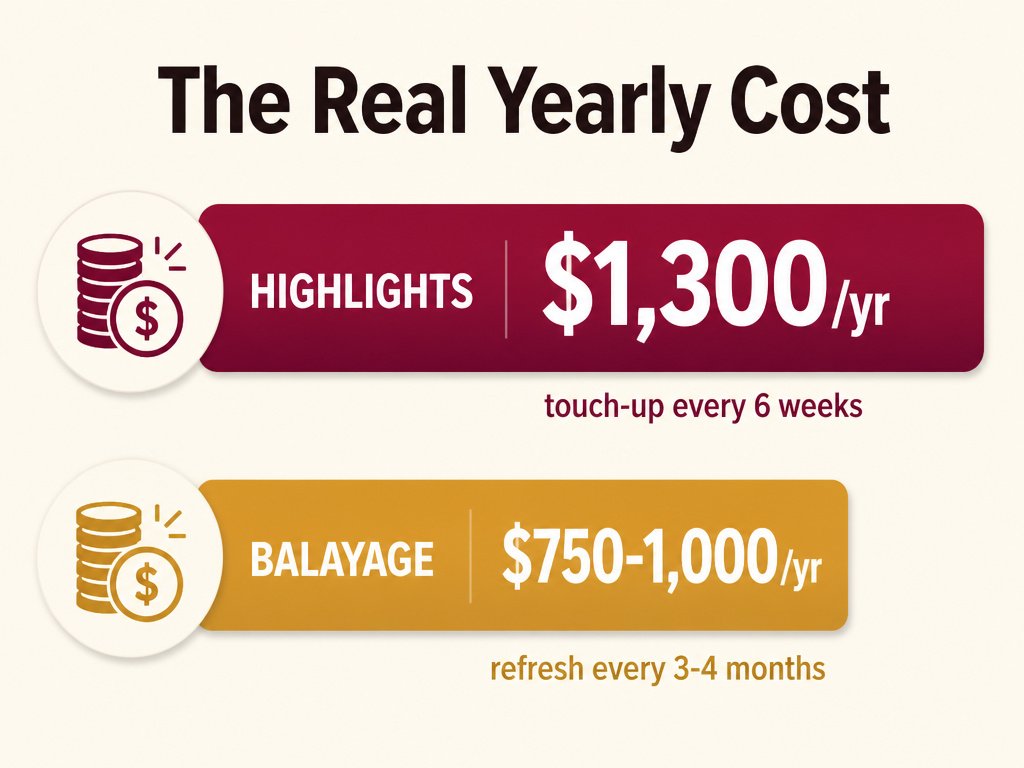 Infographic comparing yearly cost: highlights about $1,300 per year vs balayage $750 to $1,000 per year