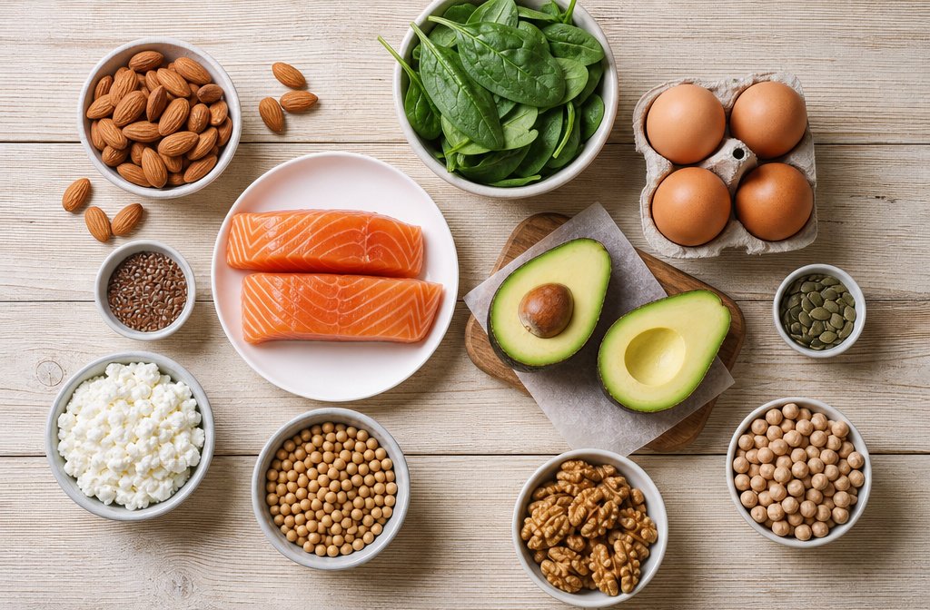Flat lay of biotin and protein rich foods including eggs, salmon, almonds, and spinach