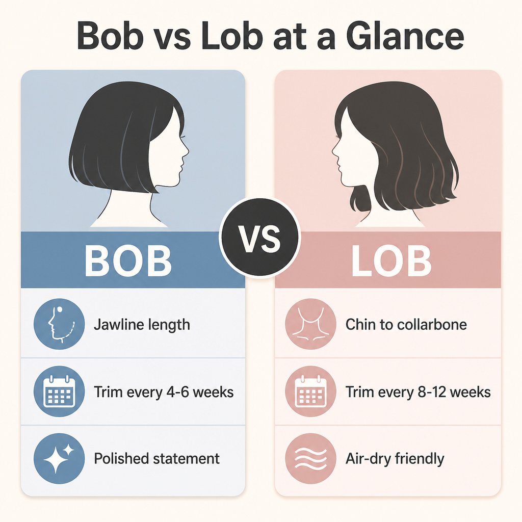 Infographic comparing bob and lob at a glance: jawline length vs chin to collarbone, trims every 4-6 weeks vs 8-12 weeks, polished statement vs air-dry friendly