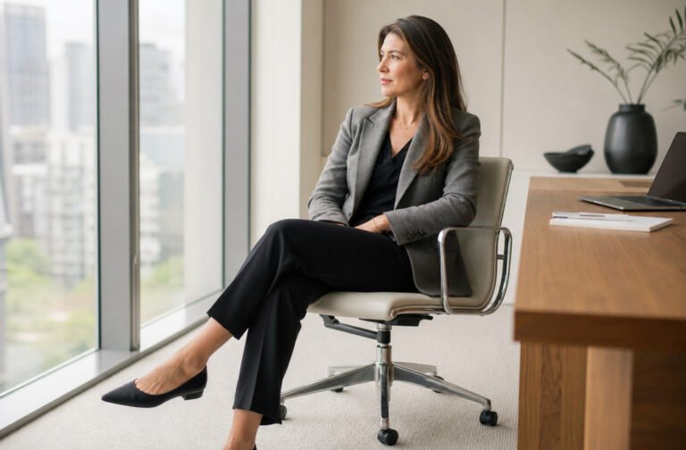 Woman wearing a tailored blazer, trousers, and flats in an office setting