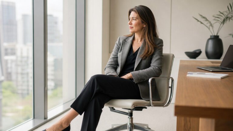 Woman wearing a tailored blazer, trousers, and flats in an office setting