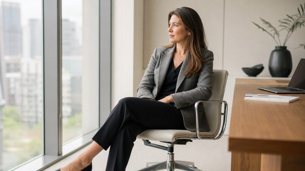 Woman wearing a tailored blazer, trousers, and flats in an office setting