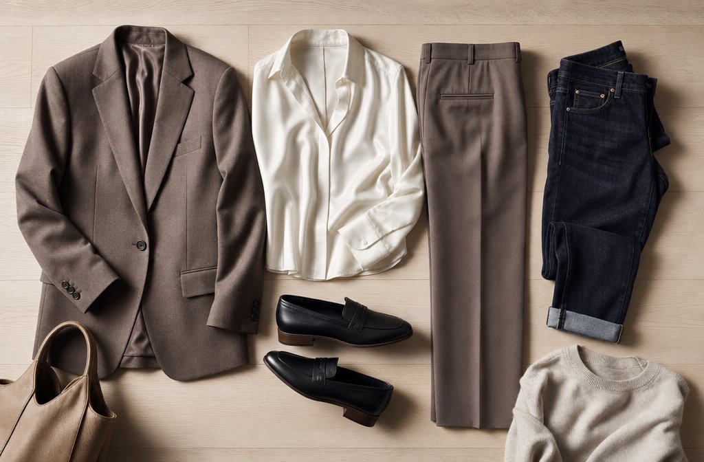 Flat lay of a capsule wardrobe with a blazer, trousers, blouse, jeans, and loafers