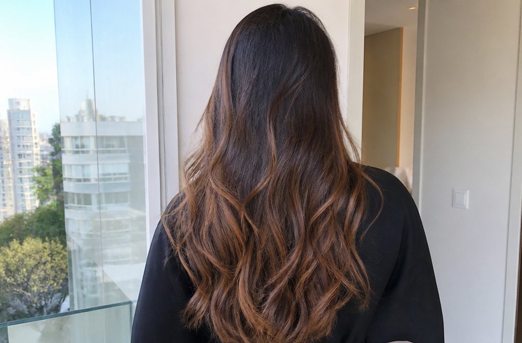 Back view of dark brown hair with caramel balayage through the mid-lengths and ends