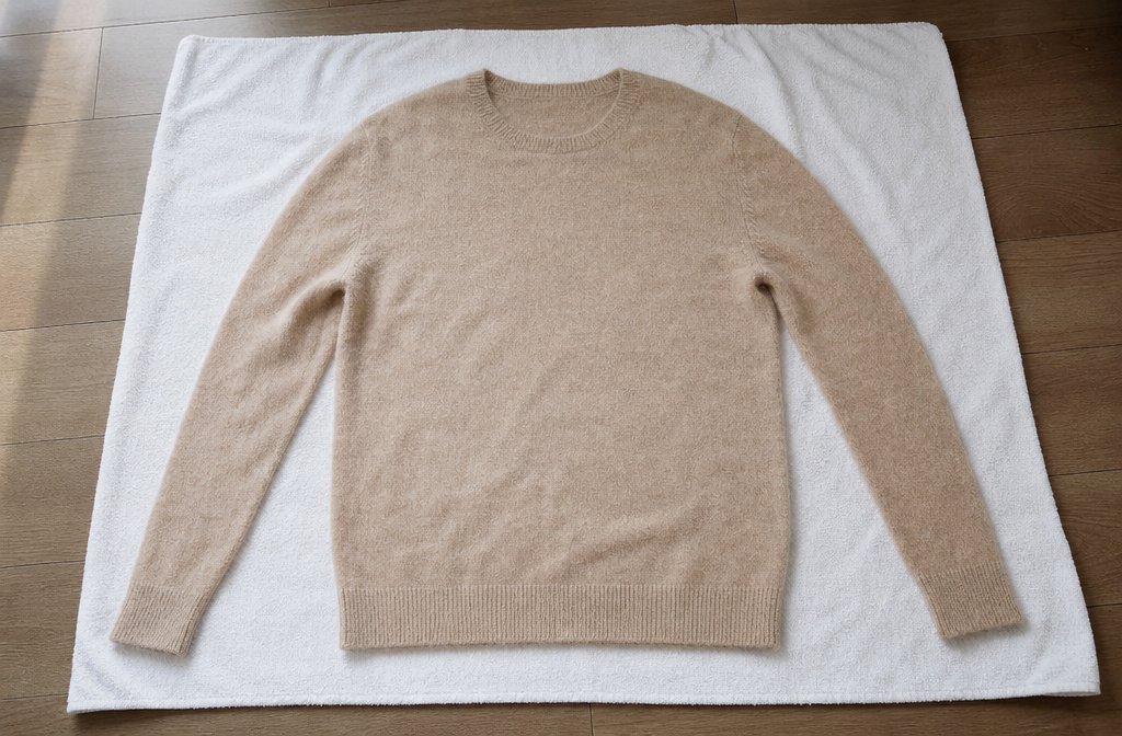Beige cashmere sweater laid flat to dry on a white towel