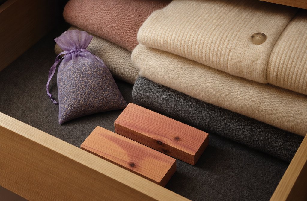 Cedar wood blocks and a lavender sachet in a wardrobe drawer next to folded sweaters