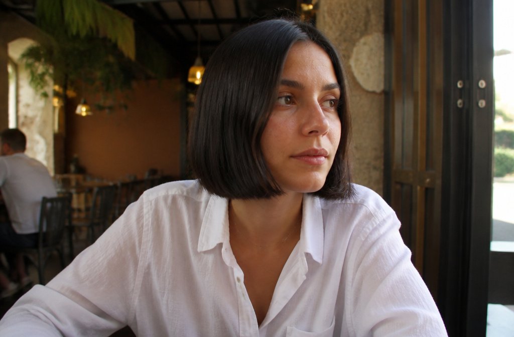 Woman with a sleek chin-length blunt bob sitting by a cafe window